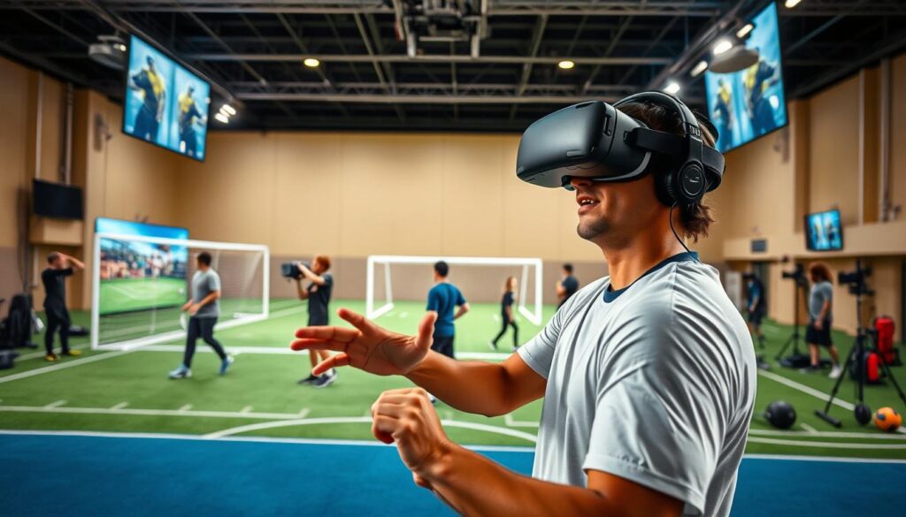 A brightly lit sports arena with a VR headset-wearing athlete in the foreground, performing dynamic movements and gestures. In the middle ground, several athletes engage in various VR training activities, such as virtual obstacle courses, skill drills, and tactical simulations. The background features advanced VR display systems, motion capture cameras, and sports equipment, showcasing the technological infrastructure that enables this innovative training approach. The scene conveys a sense of immersion, collaboration, and the fusion of physical and digital realms, highlighting both the benefits and limitations of VR sports training.