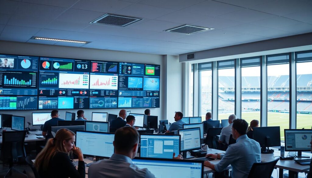 A bustling office environment with sleek, modern workstations, each occupied by an individual deeply immersed in sports analytics software. Overhead, a large display board showcases a myriad of data visualizations, charts, and live game updates. Soft, diffused lighting illuminates the space, creating a focused, productive atmosphere. In the foreground, a team of analysts collaborates, engaged in lively discussions, their faces lit by the glow of their computer screens. The background features floor-to-ceiling windows, offering a panoramic view of a sports stadium, hinting at the connection between the data-driven insights and the real-world application on the field.