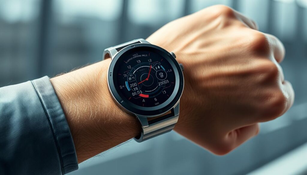 A close-up of a runner's wrist, revealing a sleek, futuristic smartwatch with a variety of sensor modules embedded in the casing. The watch face displays real-time biometric data, while a transparent overlay showcases the internal components and advanced circuitry. The athlete's arm is positioned against a blurred, high-tech background, hinting at the integration of wearable technology within the sports industry. Crisp lighting illuminates the watch's metallic finish, creating a sense of modern, minimalist design. The overall composition emphasizes the seamless fusion of technology and athletic performance.
