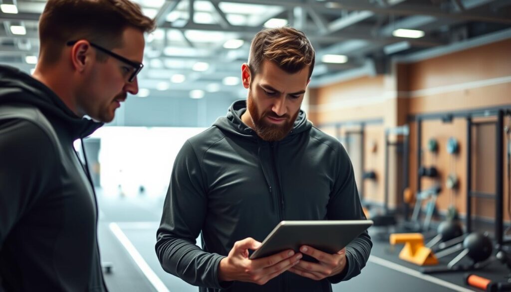 A data-driven athlete engages with a coach, reviewing performance analytics on a tablet. The coach stands beside them, guiding the review with a focused expression. In the background, a high-tech training facility is visible, filled with state-of-the-art equipment and sensors monitoring the athlete's movements. Soft, directional lighting illuminates the scene, casting subtle shadows and highlights that accentuate the collaboration between the coach and athlete. The overall atmosphere conveys a sense of precision, innovation, and a shared commitment to enhancing athletic performance through data-driven insights.