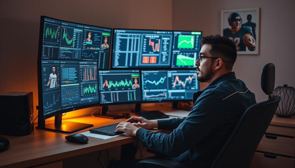 A data-driven sports enthusiast sits at a desk, analyzing complex statistics on multiple digital displays. Surrounded by charts, graphs, and live game footage, they meticulously study player performance and team dynamics, searching for insights to optimize their fantasy league strategy. The room is bathed in a soft, warm light, creating an atmosphere of focused intensity. Sleek, modern equipment and minimalist decor convey a sense of technological sophistication, while the analyst's expression exudes a blend of determination and intellectual curiosity. This scene captures the intersection of sports and data-driven decision-making, where real-world success in fantasy leagues is fueled by an analytical mindset and technological prowess.