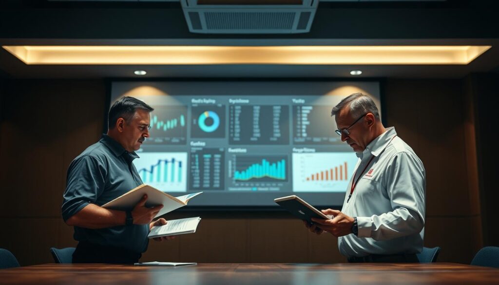 A dimly lit conference room, a projection screen displaying sports data visualizations. In the foreground, two coaches, one using a traditional playbook, the other scrutinizing a tablet, comparing statistics and metrics. The contrast in their approaches is palpable, one rooted in experience, the other embracing data-driven insights. The room is bathed in a warm, contemplative light, highlighting the intensity of their discussion as they debate the merits of each method. The scene conveys the tension and potential of this crossroads in sports coaching, where intuition and analytics collide, promising to transform the landscape of athlete development.
