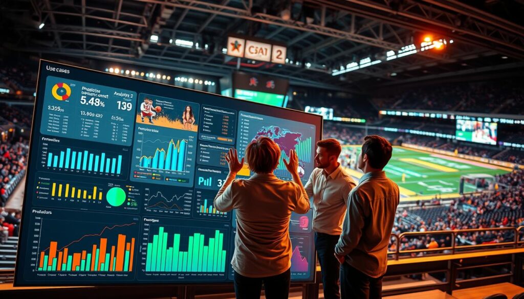 A dynamic sports analytics dashboard showcasing various use cases. In the foreground, vivid data visualizations and interactive charts depict key performance metrics, player stats, and predictive analytics models. The middle ground features a team of analysts studying the dashboard, gesturing excitedly as they discuss strategic insights. In the background, a state-of-the-art sports arena with large screens displays real-time game footage, underscoring the integration of data-driven decision making. The scene is illuminated by warm, focused lighting, creating a sense of energy and discovery. The overall mood is one of innovation, collaboration, and the transformative power of predictive data in the world of sports.