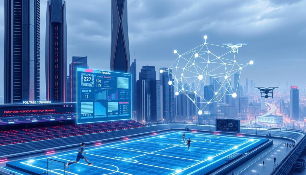 A futuristic cityscape with towering skyscrapers and sleek modern architecture. In the foreground, a virtual sports stadium with a holographic playing field, where athletes compete using advanced motion-tracking and digital enhancement technologies. Floating holograms display real-time data analytics, betting odds, and fan engagement metrics. In the middle ground, a blockchain network diagram with interconnected nodes and transaction flows. The background features a panoramic view of the city, with autonomous vehicles, drone deliveries, and a bustling urban landscape powered by blockchain-based infrastructure. The scene is bathed in a cool, neon-tinted lighting, creating a visually striking and technologically advanced atmosphere.