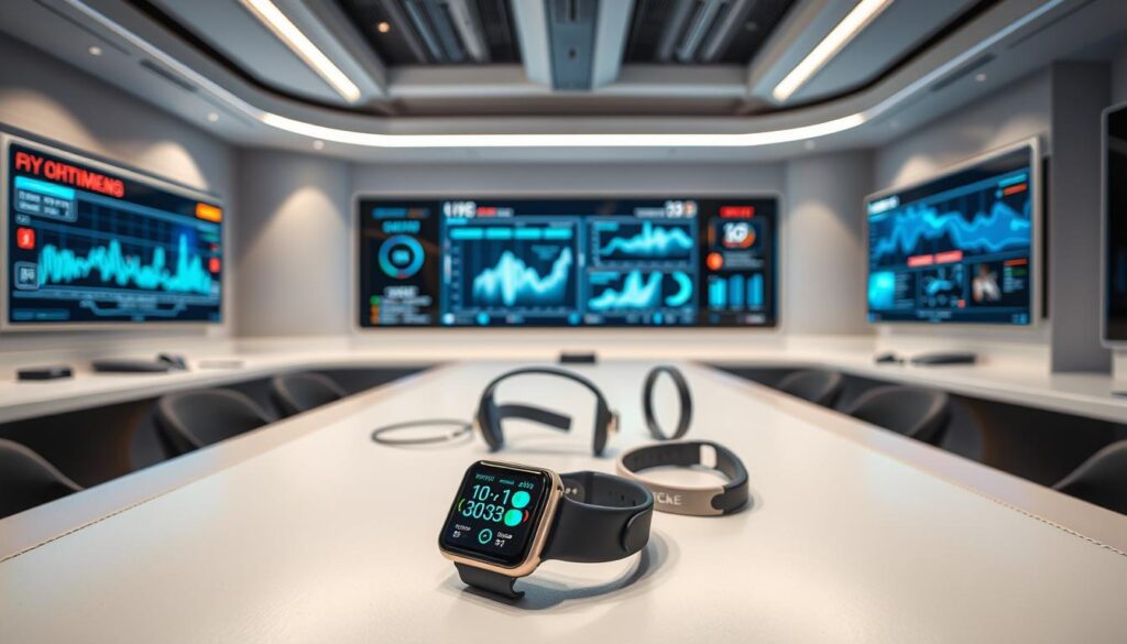 A futuristic sports analytics lab, with a table showcasing wearable tech devices. In the foreground, a smartwatch displays real-time biometric data. In the middle ground, a sleek headset and a flexible fitness tracker are arranged neatly. The background features holographic displays and a large touchscreen console, providing a comprehensive view of athletic performance. Soft, diffused lighting creates a clean, modern atmosphere, highlighting the sophisticated technology. The scene conveys the intersection of sports, data, and cutting-edge wearables, capturing the essence of "Wearable Tech in Sports Analytics". A futuristic sports analytics lab, with a table showcasing wearable tech devices. In the foreground, a smartwatch displays real-time biometric data. In the middle ground, a sleek headset and a flexible fitness tracker are arranged neatly. The background features holographic displays and a large touchscreen console, providing a comprehensive view of athletic performance. Soft, diffused lighting creates a clean, modern atmosphere, highlighting the sophisticated technology. The scene conveys the intersection of sports, data, and cutting-edge wearables, capturing the essence of "Wearable Tech in Sports Analytics".