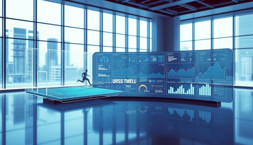 A high-tech data visualization dashboard showcasing predictive analytics in sports, presented in a clean, minimalist style. In the foreground, a sleek holographic interface displays a 3D model of a soccer/football field, with dynamic player positions and projected trajectories overlaid. In the middle ground, a curved glass display presents a series of interactive charts and graphs, illustrating key performance metrics and strategic insights. The background features a modern, futuristic office setting with floor-to-ceiling windows, bathed in a cool, blue-tinted lighting that casts a serene, technological ambiance. The overall scene conveys a sense of innovation, precision, and the transformative power of data-driven decision-making in the world of sports. A high-tech data visualization dashboard showcasing predictive analytics in sports, presented in a clean, minimalist style. In the foreground, a sleek holographic interface displays a 3D model of a soccer/football field, with dynamic player positions and projected trajectories overlaid. In the middle ground, a curved glass display presents a series of interactive charts and graphs, illustrating key performance metrics and strategic insights. The background features a modern, futuristic office setting with floor-to-ceiling windows, bathed in a cool, blue-tinted lighting that casts a serene, technological ambiance. The overall scene conveys a sense of innovation, precision, and the transformative power of data-driven decision-making in the world of sports.