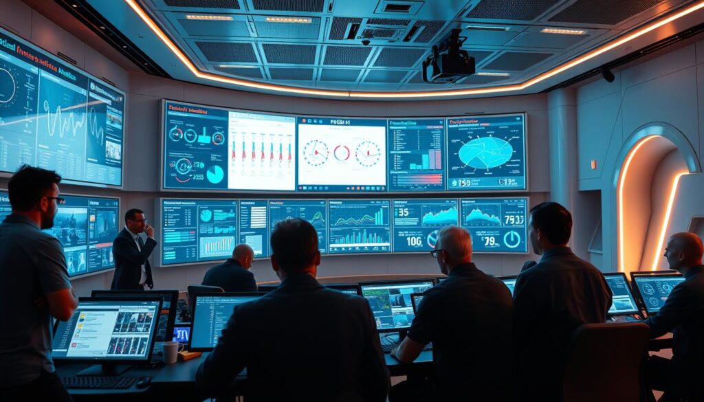 A high-tech sports analytics command center, with futuristic displays, interactive dashboards, and cutting-edge visualization tools. The foreground showcases a team of analysts, coaches, and data scientists intently studying real-time player and game data, using advanced algorithms to uncover strategic insights. In the middle ground, a massive curved display wall presents interactive visualizations, heat maps, and predictive models, while the background features a sleek, minimalist design with ambient lighting, creating a sense of technological sophistication. Convey a mood of innovation, data-driven decision-making, and the seamless integration of technology into the world of competitive sports.