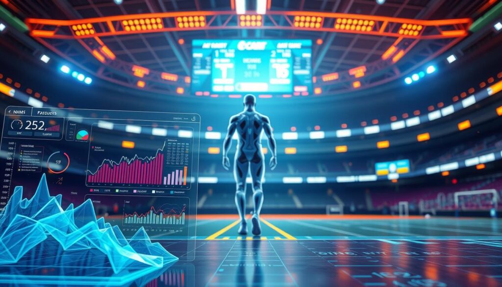 A highly detailed, data-rich sports visualization showcasing cutting-edge wearable technology. In the foreground, a dynamic, three-dimensional dashboard displays real-time metrics and analytics from a variety of connected devices. The middle ground features a stylized athlete, their form meticulously captured through sleek, high-tech sensors. The background evokes a futuristic sports arena, with glowing neon accents and a holographic scoreboard. Vibrant colors, clean lines, and a sense of forward momentum convey the transformative power of wearable tech in the world of elite athletics. Lit by a combination of natural and artificial sources, the scene exudes a sense of technical sophistication and progressive innovation.