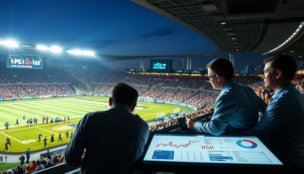 A modern sports stadium, bathed in the warm glow of stadium lights, with athletes on the field engaged in intense competition. In the foreground, a large touchscreen display showcases a data visualization dashboard, illuminated by the stadium's energy. Analysts in the press box pore over statistical models, their faces reflecting the insights gleaned from predictive analytics algorithms. The middle ground captures the excitement of the game, with players strategizing and spectators cheering. In the background, a city skyline emerges, symbolizing the broader impact of these analytical innovations on the future of sports.