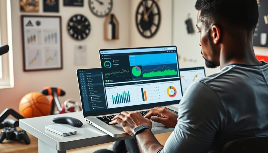 A professional athlete reviews their personalized sports analytics dashboard on a laptop, with charts and graphs displaying various performance metrics such as speed, agility, power, and endurance. The athlete is seated in a well-lit home office, surrounded by sports equipment and memorabilia. The dashboard is displayed on a high-resolution monitor, with a sleek, modern design that provides clear insights and actionable data. The overall scene conveys a sense of focus, dedication, and the athlete's commitment to data-driven self-improvement.