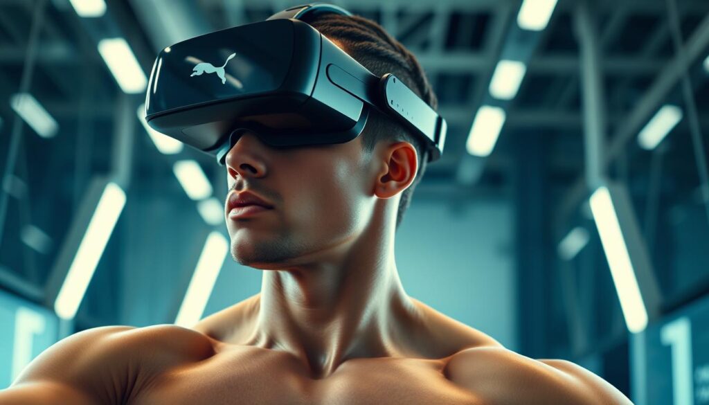 A professional athlete wearing a cutting-edge VR headset, immersed in a hyper-realistic sports simulation. The foreground depicts the athlete's intense focus, muscles tensed, poised for action. The middle ground showcases the VR technology, sleek and advanced, seamlessly integrating with the athlete's body. The background reveals a futuristic training facility, filled with state-of-the-art equipment and a sense of innovation. Soft, directional lighting accentuates the athlete's form, creating a sense of depth and dimension. The overall atmosphere conveys the intersection of human performance and technological enhancement, elevating the training experience to new heights.