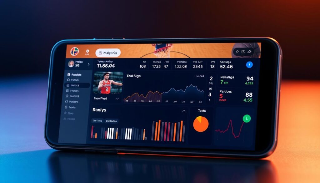 A realistic, high-resolution sports analytics visualization displayed on a modern, edge-to-edge smartphone screen. The screen showcases real-time data and metrics for a basketball game, including player statistics, team performance, and live score updates. The visualization utilizes bold, contrasting colors, clean typography, and intuitive data visualization techniques to enhance user experience. The screen is surrounded by a sleek, borderless smartphone frame, backlit by a soft, ambient glow. The overall scene conveys a sense of cutting-edge technology, seamless user interactivity, and a immersive, at-a-glance sports analytics experience. A realistic, high-resolution sports analytics visualization displayed on a modern, edge-to-edge smartphone screen. The screen showcases real-time data and metrics for a basketball game, including player statistics, team performance, and live score updates. The visualization utilizes bold, contrasting colors, clean typography, and intuitive data visualization techniques to enhance user experience. The screen is surrounded by a sleek, borderless smartphone frame, backlit by a soft, ambient glow. The overall scene conveys a sense of cutting-edge technology, seamless user interactivity, and a immersive, at-a-glance sports analytics experience.