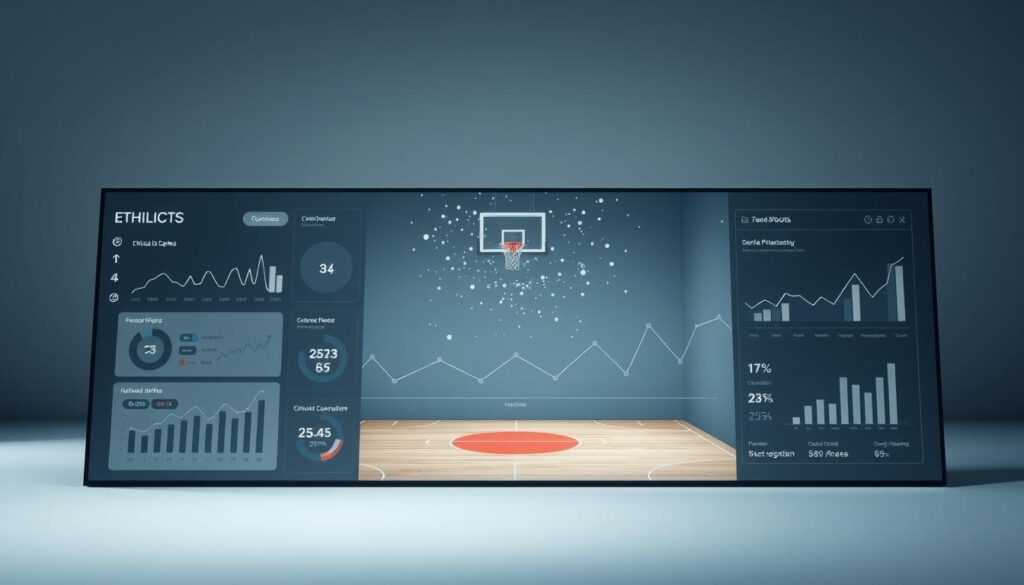 A sleek and modern sports data visualization panel, rendered in a minimalist style with a focus on ethical considerations. The foreground showcases an interactive dashboard with clean, intuitive charts and graphs displaying key sports performance metrics. The middle ground features a 3D model of a basketball court, with data points floating above it, symbolizing the complexities of sports analytics. The background is a soft, gradient-filled environment, evoking a sense of balance and objectivity. Lighting is subtle and directional, highlighting the visualization elements without distracting. The overall mood is one of thoughtful contemplation, encouraging the viewer to consider the ethical implications of data-driven decision-making in the world of sports. A sleek and modern sports data visualization panel, rendered in a minimalist style with a focus on ethical considerations. The foreground showcases an interactive dashboard with clean, intuitive charts and graphs displaying key sports performance metrics. The middle ground features a 3D model of a basketball court, with data points floating above it, symbolizing the complexities of sports analytics. The background is a soft, gradient-filled environment, evoking a sense of balance and objectivity. Lighting is subtle and directional, highlighting the visualization elements without distracting. The overall mood is one of thoughtful contemplation, encouraging the viewer to consider the ethical implications of data-driven decision-making in the world of sports.