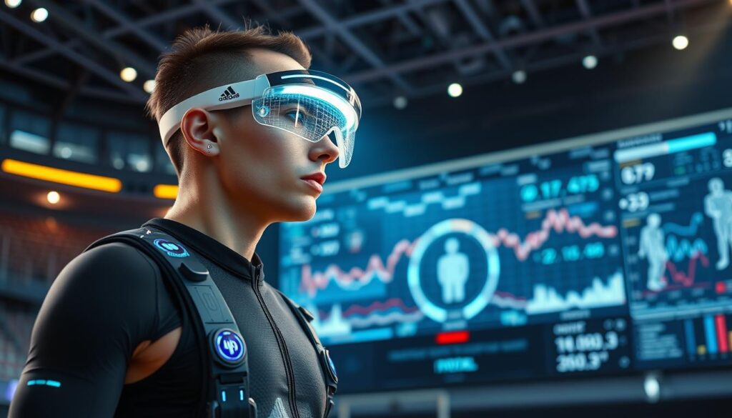 A sleek, futuristic athlete stands in a high-tech sports arena, adorned with a range of wearable sensors and displays. Seamless biometric tracking devices monitor vital signs, while augmented reality visors overlay real-time data and analytics. In the background, a vast digital dashboard showcases complex data visualizations, revealing the hidden insights that power modern sports performance. Vibrant lighting and dynamic camera angles capture the intersection of technology and elite athleticism, creating a sense of awe and innovation. A sleek, futuristic athlete stands in a high-tech sports arena, adorned with a range of wearable sensors and displays. Seamless biometric tracking devices monitor vital signs, while augmented reality visors overlay real-time data and analytics. In the background, a vast digital dashboard showcases complex data visualizations, revealing the hidden insights that power modern sports performance. Vibrant lighting and dynamic camera angles capture the intersection of technology and elite athleticism, creating a sense of awe and innovation.