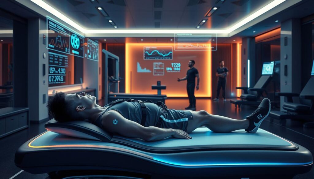 A sleek, high-tech sports recovery studio bathed in soft, ambient lighting. In the foreground, an athlete rests on a cutting-edge recovery bed, adorned with a variety of wearable sensors and devices monitoring their vital signs and muscle recovery. In the middle ground, holographic displays showcase real-time data and personalized recovery programs. The background features state-of-the-art rehabilitation equipment and cutting-edge recovery technologies, creating an atmosphere of advanced medical care and sports science. The scene conveys a sense of cutting-edge innovation, wellness, and the fusion of technology and human performance.