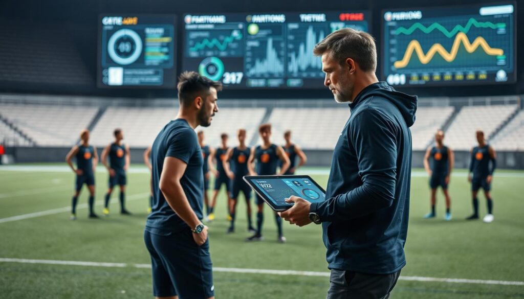 A sports coach stands on a field, surrounded by athletes wearing innovative wearable tech devices. The coach's tablet displays real-time data visualizations, tracking the players' biometrics and movements. In the foreground, a player wears a sleek smartwatch that monitors their heart rate and fatigue levels. The middle ground features a group of athletes with chest-mounted sensors that transmit performance analytics to the coach's interface. In the background, a large scoreboard displays complex data charts, highlighting key insights that drive the coach's strategic decisions. The scene is bathed in a cool, technological atmosphere, with muted colors and clean, minimalist design elements.
