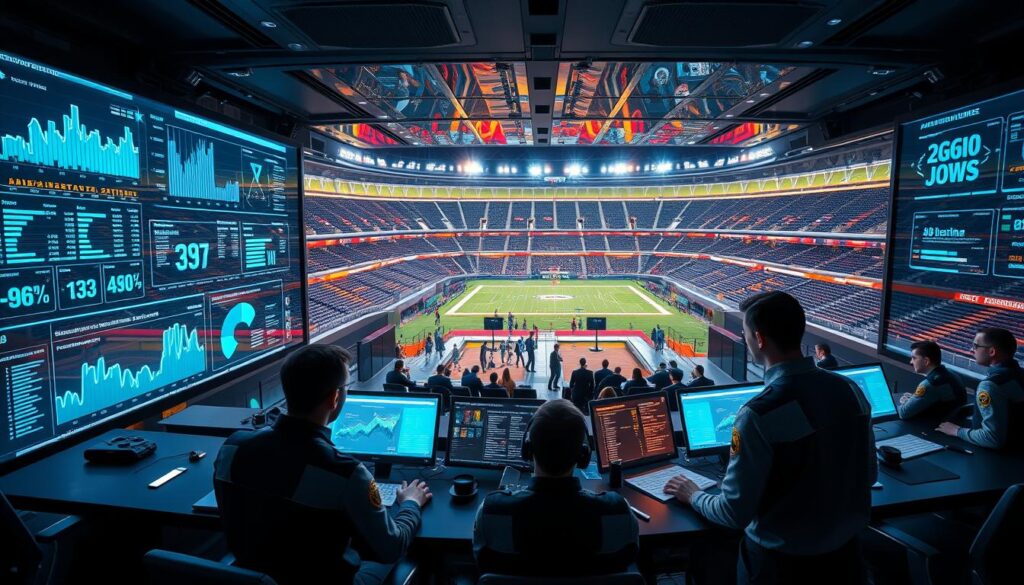 A state-of-the-art sports analytics command center, with large holographic displays showcasing real-time data visualizations and AI-powered insights. In the foreground, a team of analysts in futuristic uniforms examine intricate statistical models, their faces illuminated by the glow of the screens. The middle ground features an expansive glass-walled room, where coaches and managers collaborate, studying the latest player performance metrics. The background is a panoramic view of a modern sports stadium, its sleek architecture and vibrant lighting creating an atmosphere of technological innovation and athletic excellence.