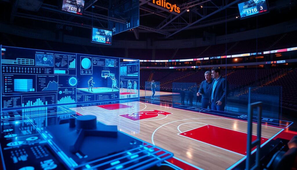A team of data analysts and AI experts pore over a variety of sports metrics and visualizations projected on large holographic displays. In the foreground, a model of a basketball court is overlaid with AI-generated insights and predictive analytics. The middle ground features a dynamic 3D visualization of player movements and strategy. In the background, a panoramic view of a futuristic sports arena with augmented reality elements integrated seamlessly. Dramatic lighting casts a sense of intensity and innovation, as the AI system works tirelessly to uncover hidden patterns and optimize team performance.