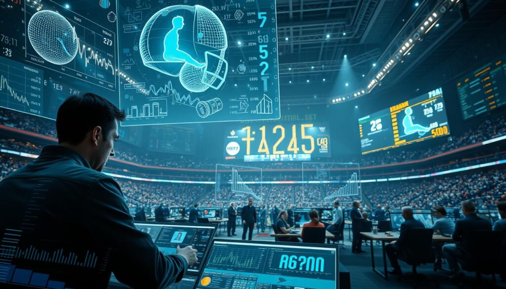 A vast arena of data-driven strategies unfolds, with holographic projections of statistical models and player profiles hovering in the air. In the foreground, a strategist pores over a digital dashboard, analyzing intricate patterns and trends. The middle ground reveals a team of analysts collaborating, their screens displaying complex charts and graphs. In the background, a colossal scoreboard looms, its luminous digits and visuals reflecting the high-stakes nature of this fantasy sports landscape. Soft, directional lighting casts a contemplative glow, emphasizing the strategic depth and analytical rigor required for success in this dynamic, data-driven realm.