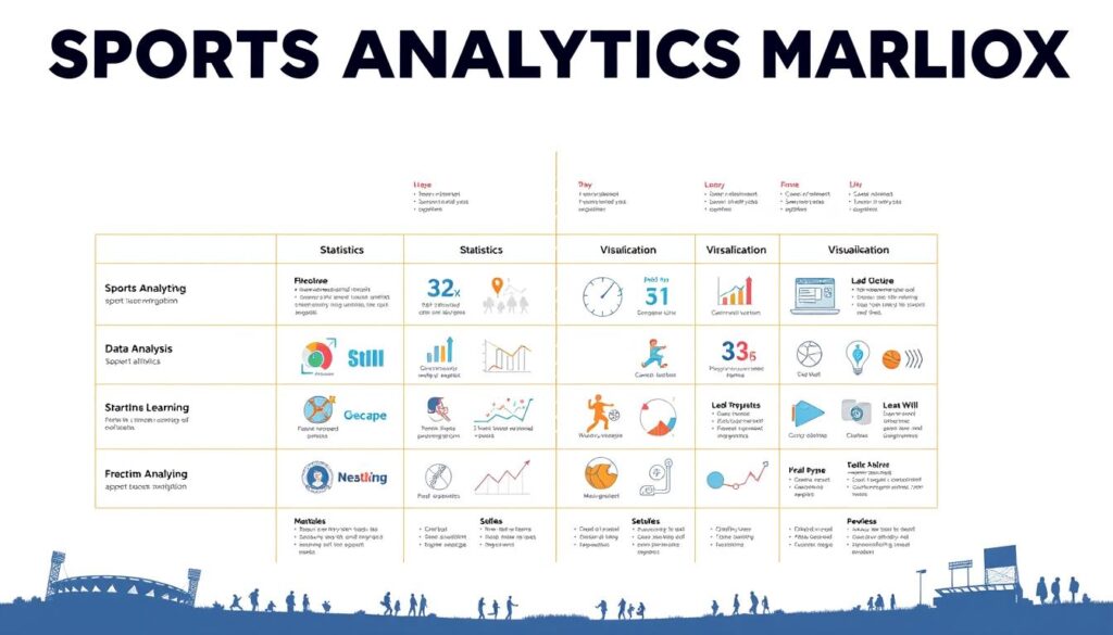 A vibrant and informative infographic on a crisp white background, showcasing a sports analytics skills matrix. The foreground features a clean, minimalist grid layout with skill categories such as statistics, data analysis, visualization, and machine learning prominently displayed. The middle ground includes detailed icons and small illustrations that visually represent each skill, creating a cohesive and engaging visual language. The background subtly incorporates sports-themed elements like stadium silhouettes, game-day graphics, and a soft, radiant glow to reinforce the context. The overall composition is balanced, professional, and designed to effectively communicate the key skills required for a successful career in sports analytics.