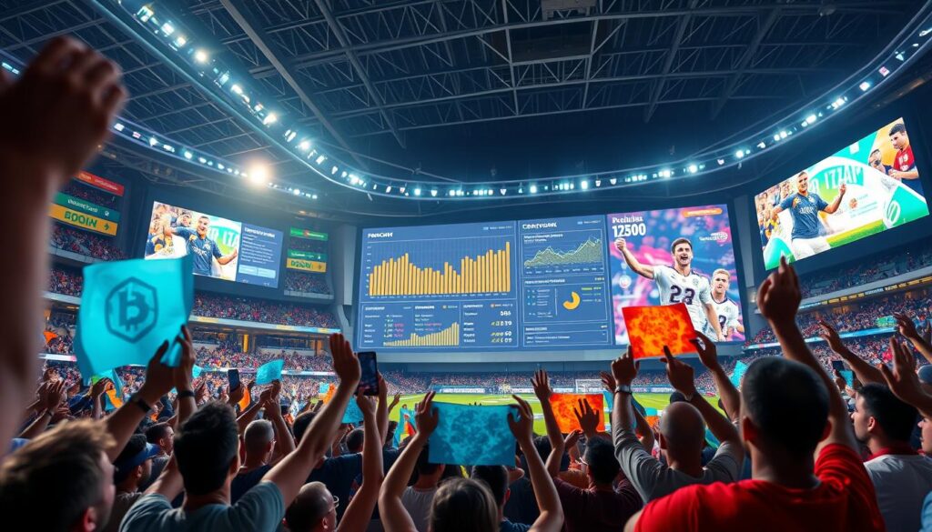 A vibrant blockchain-powered sports fan engagement solution. In the foreground, a crowd of enthusiastic fans cheering and waving interactive digital banners, their excitement palpable. In the middle ground, a dynamic data visualization dashboard displaying real-time fan engagement metrics, transaction details, and loyalty program insights. In the background, a sleek, futuristic stadium facade, its LED screens showcasing captivating digital artwork and player highlights. The scene is bathed in a warm, energetic lighting that enhances the sense of immersion and community. Captured with a wide-angle lens to convey the scale and scope of this innovative technological integration within the sports fan experience.