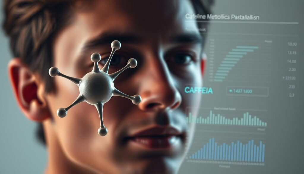 A vibrant, hyper-realistic image of a person's metabolic profile, with a caffeine molecule prominently displayed in the foreground. The subject's face is partially obscured by a transparent overlay of genetic markers and personalized data visualizations, conveying the complex, individualized nature of their caffeine metabolism. The background is a soft, muted gradient, allowing the personalized information to take center stage. Subtle lighting accentuates the depth and texture of the elements, creating a sense of scientific sophistication and personal insight.