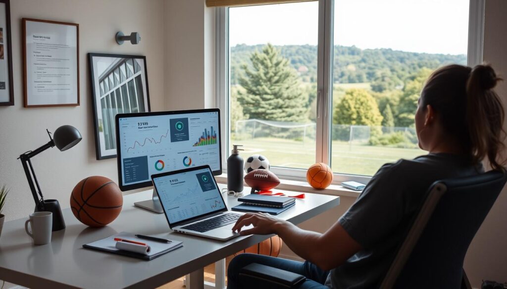 A well-lit, modern home office with a desk, laptop, and various digital analytics tools displayed on the screen. In the foreground, a person casually interacts with the laptop, clearly engrossed in the data visualizations. The middle ground features an array of neatly organized sports equipment, like a basketball, football, and soccer ball, hinting at the sports analytics focus. The background showcases a large window offering a scenic view of a lush, natural landscape, creating a serene and inviting atmosphere. The overall scene conveys a sense of accessibility, technology, and the integration of sports analytics into everyday life.