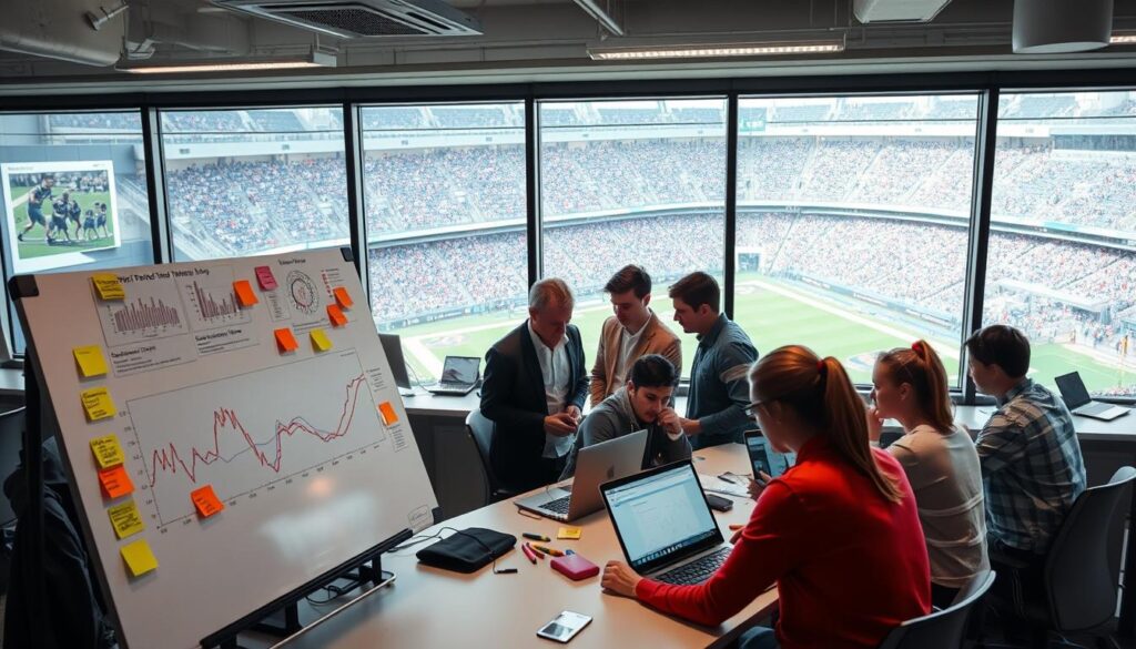 A well-lit office space with a team of sports analysts intently studying data visualizations on their laptop screens. In the foreground, a whiteboard displays a complex statistical model, surrounded by sticky notes and markers. In the middle ground, several interns and entry-level employees collaborate, exchanging ideas and insights. The background features a panoramic view of a bustling sports stadium, hinting at the real-world applications of their work. The overall atmosphere conveys a sense of focus, innovation, and the excitement of being part of the dynamic field of sports analytics.