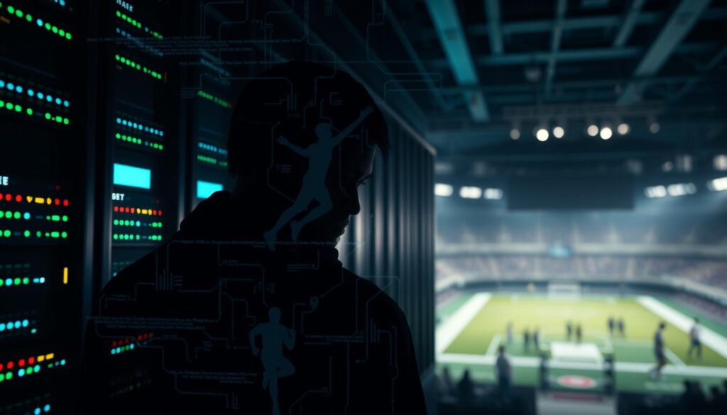Athlete data privacy: a dimly lit data center, servers humming, digital silhouettes of athletes overlaid with a maze of data streams and security protocols. In the foreground, a concerned athlete contemplates their personal information, shrouded in a cool, teal-tinted atmosphere. The background depicts a blurred sports arena, a reminder of the tension between performance optimization and individual privacy. Dramatic chiaroscuro lighting casts stark shadows, emphasizing the gravity of the issue. A sense of unease pervades the scene, hinting at the delicate balance between innovation and the protection of athletes' sensitive data.