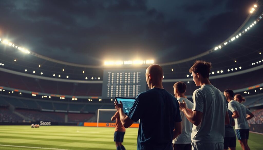 Cinematic wide shot of a modern sports stadium, illuminated by soft, warm lighting. In the foreground, a group of athletes using virtual screens and touchpads, immersed in cloud-based analytics and training apps. In the middle ground, a data center server rack, glowing with activity, representing the cloud infrastructure powering the applications. In the background, the night sky, symbolizing the boundless possibilities of cloud computing. The scene conveys the seamless integration of cloud technology into the world of sports, enhancing performance, training, and fan engagement.