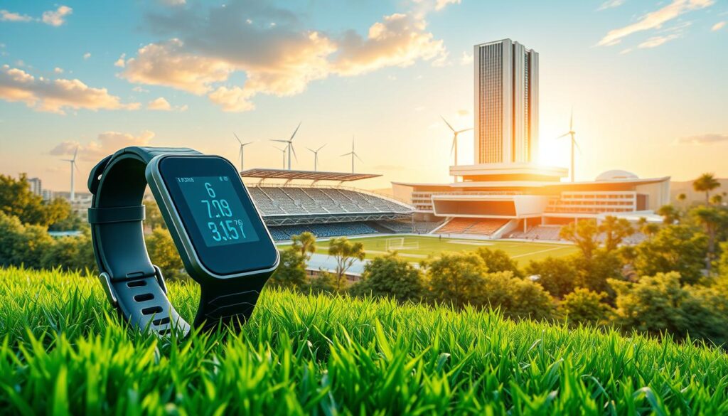 Sustainability in Sports Tech: A dynamic digital landscape showcasing the harmonious integration of renewable energy, recycled materials, and eco-conscious design. In the foreground, a sleek sports tracker with a solar-powered display sits atop a lush, verdant field. The middle ground features a state-of-the-art smart stadium with wind turbines and solar panels adorning its roof, surrounded by a flourishing urban landscape. In the background, a futuristic sports complex with a reflective, energy-efficient facade stands tall, casting a warm, natural glow under the golden hour lighting. The overall atmosphere conveys a sense of innovation, responsibility, and a commitment to a sustainable future for the world of sports technology.