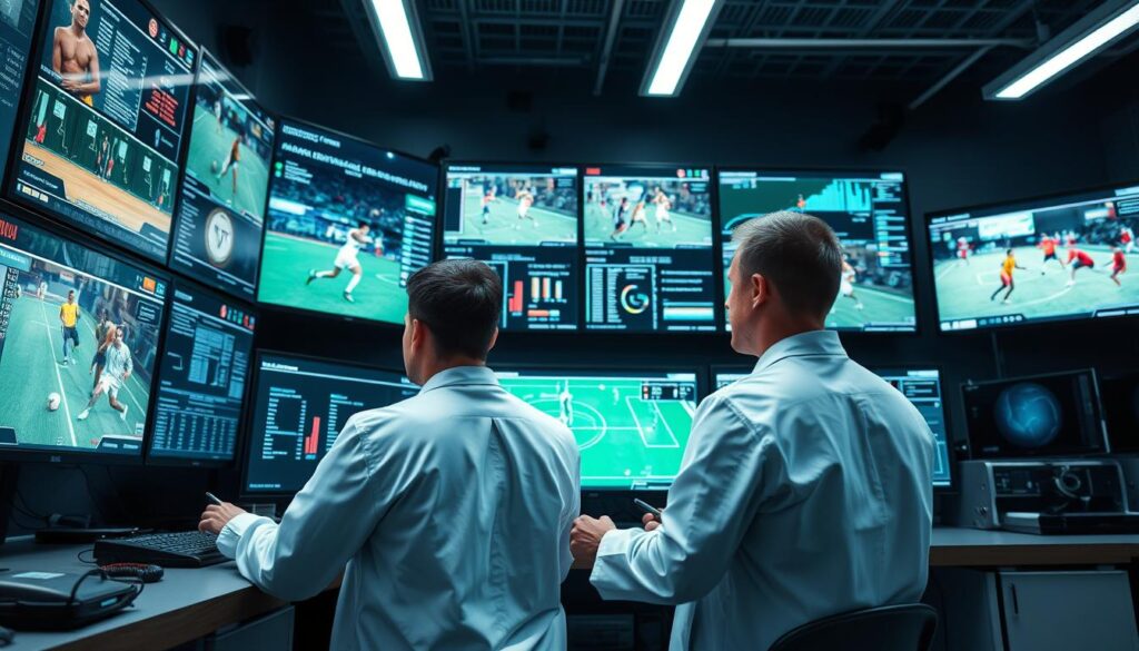 Video Analysis in Sports, a high-tech control room with multiple displays showcasing real-time data and slow-motion footage. Technicians in crisp white lab coats analyze athlete movements, ball trajectories, and team tactics using advanced algorithms and machine learning. Bright LED lighting illuminates the room, creating a futuristic ambiance. Wide-angle lenses capture the intensity of the scene, highlighting the collaboration between humans and cutting-edge technology. The overall atmosphere conveys a sense of precision, innovation, and the seamless integration of sports and modern computing.