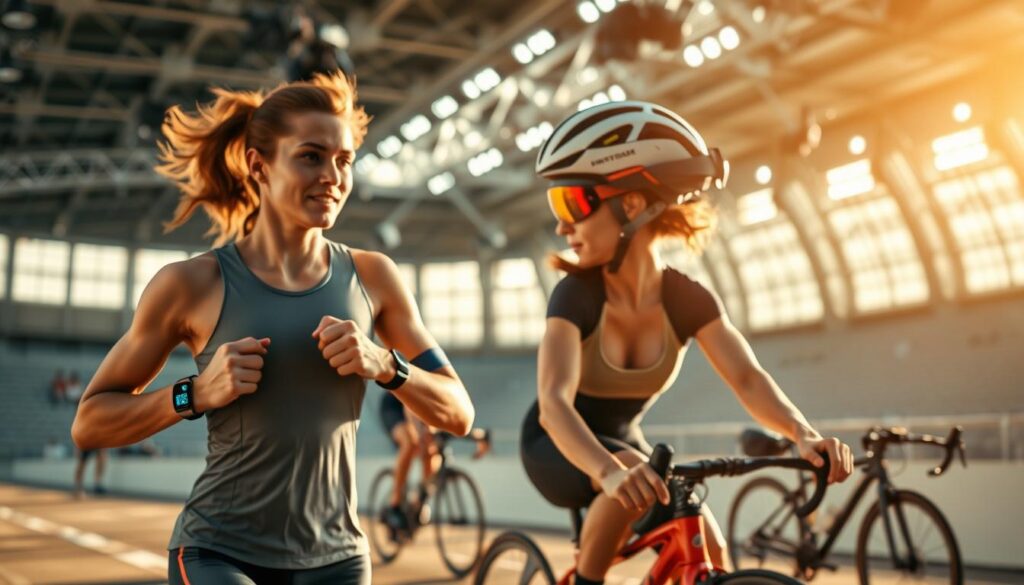 Wearable tech devices in an active sports setting. Sleek, futuristic fitness trackers, heart rate monitors, and smart goggles adorning athletes as they push their limits. The foreground features a runner in motion, their smart watch glowing with real-time data. In the middle ground, a cyclist speeds by, their helmet equipped with an integrated heads-up display. The background showcases a high-tech sports arena, with advanced camera rigs and sensor arrays capturing every movement. Warm, natural lighting bathes the scene, accentuating the interplay of technology and the human form. An atmosphere of innovation, performance, and the boundless potential of wearable tech in the world of sports.