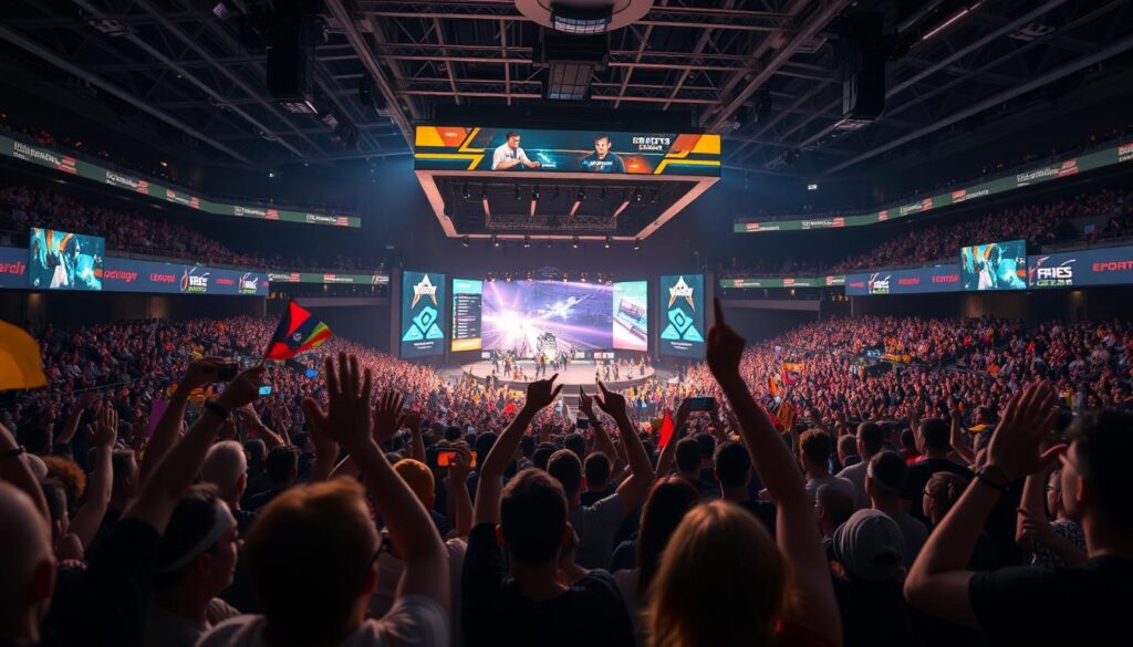 A bustling esports arena filled with energetic fans. In the foreground, a group of spectators, their faces alight with excitement, cheering and waving colorful banners. In the middle ground, a massive screen showcases the intense gameplay, players' avatars darting across the digital landscape. The background is a panoramic view of the venue, with tiered seating, neon-lit signage, and a sense of anticipation permeating the air. Soft, diffused lighting casts a warm glow, creating an immersive atmosphere. The scene conveys the electric energy and passion of the esports community, capturing the future potential of fan engagement through digital collectibles and fan tokens.