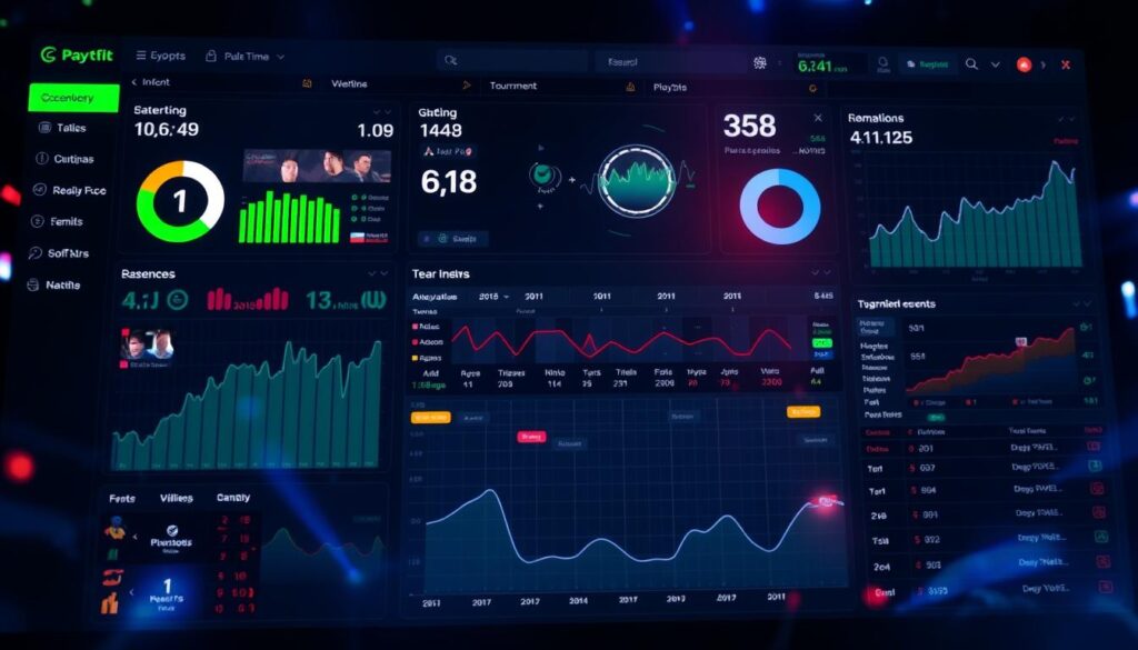 A data-driven e-sports analytics dashboard displays a vivid array of real-time metrics and visualizations. In the foreground, interactive charts and graphs showcase team performances, player statistics, and tournament standings. The middle ground features a detailed match timeline, highlighting key events and player milestones. In the background, a sleek and minimalist interface with a dark color palette creates a professional, high-tech atmosphere. Subtle lighting effects cast a gentle glow, drawing the viewer's attention to the data insights. The overall composition conveys the growing importance of data-driven decision-making in the dynamic world of e-sports. A data-driven e-sports analytics dashboard displays a vivid array of real-time metrics and visualizations. In the foreground, interactive charts and graphs showcase team performances, player statistics, and tournament standings. The middle ground features a detailed match timeline, highlighting key events and player milestones. In the background, a sleek and minimalist interface with a dark color palette creates a professional, high-tech atmosphere. Subtle lighting effects cast a gentle glow, drawing the viewer's attention to the data insights. The overall composition conveys the growing importance of data-driven decision-making in the dynamic world of e-sports.