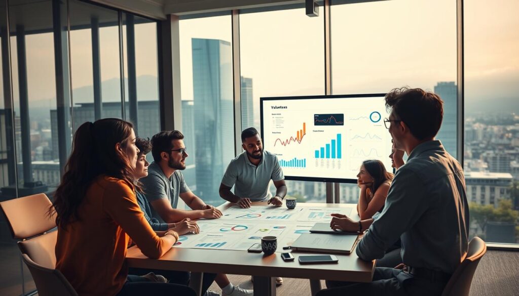 A dynamic group of sports enthusiasts gathered around a table, intently analyzing data visualizations and charts projected onto a large screen. The lighting is warm and focused, casting an air of professionalism and collaboration. In the foreground, a diverse team of volunteers engages in animated discussions, their expressions reflecting a shared passion for sports analytics. The middle ground features a sleek, modern office space with floor-to-ceiling windows, providing a panoramic view of a bustling city skyline in the background. The overall atmosphere conveys a sense of opportunity, innovation, and the valuable contributions volunteers can make in the field of sports data analysis.
