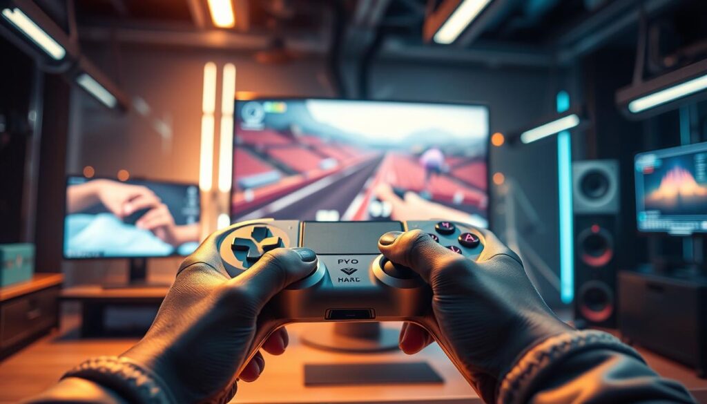 A futuristic gaming setup showcases the latest in haptic feedback technology. In the foreground, a gamer's hands manipulate a sleek, ergonomic controller, its surface pulsing with subtle vibrations that enhance the immersive experience. The middle ground features a high-resolution display, its images rendered with stunning clarity and depth. In the background, a network of sensors and analytics platforms track every movement, refining the gameplay and optimizing the user's strategy. The scene is bathed in a warm, ambient glow, creating a sense of focus and engagement. The overall impression is one of cutting-edge innovation, where technology seamlessly blends with the player's tactile interaction, shaping the ultimate e-sports experience. A futuristic gaming setup showcases the latest in haptic feedback technology. In the foreground, a gamer's hands manipulate a sleek, ergonomic controller, its surface pulsing with subtle vibrations that enhance the immersive experience. The middle ground features a high-resolution display, its images rendered with stunning clarity and depth. In the background, a network of sensors and analytics platforms track every movement, refining the gameplay and optimizing the user's strategy. The scene is bathed in a warm, ambient glow, creating a sense of focus and engagement. The overall impression is one of cutting-edge innovation, where technology seamlessly blends with the player's tactile interaction, shaping the ultimate e-sports experience.