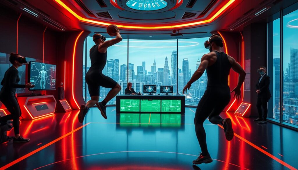 A high-tech virtual reality sports training facility, with athletes in sleek, form-fitting bodysuits immersed in a dynamic, hyper-realistic simulation. In the foreground, a basketball player leaps and pivots, their every movement precisely tracked and analyzed by a network of advanced sensors. The middle ground features a futuristic control room, where coaches and trainers monitor the trainees' progress on state-of-the-art holographic displays. In the background, a panoramic window reveals a cityscape of gleaming skyscrapers, conveying a sense of innovation and technological advancement. Warm, vibrant lighting bathes the scene, creating an atmosphere of energy and excitement as the athletes push the boundaries of human performance in this cutting-edge VR training environment. A high-tech virtual reality sports training facility, with athletes in sleek, form-fitting bodysuits immersed in a dynamic, hyper-realistic simulation. In the foreground, a basketball player leaps and pivots, their every movement precisely tracked and analyzed by a network of advanced sensors. The middle ground features a futuristic control room, where coaches and trainers monitor the trainees' progress on state-of-the-art holographic displays. In the background, a panoramic window reveals a cityscape of gleaming skyscrapers, conveying a sense of innovation and technological advancement. Warm, vibrant lighting bathes the scene, creating an atmosphere of energy and excitement as the athletes push the boundaries of human performance in this cutting-edge VR training environment.