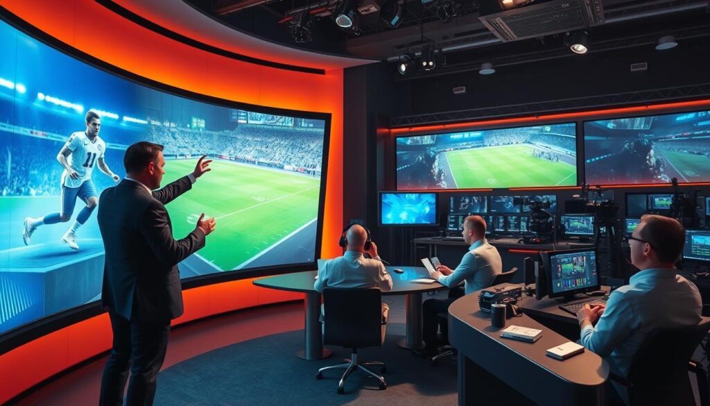 A live sports broadcast studio, bathed in a warm, cinematic lighting. In the foreground, a presenter stands in front of a large, curved display, gesturing towards a 3D holographic model of a football player. The middle ground features a team of analysts seated around a table, their attention focused on the augmented visuals being projected. In the background, a control room bustles with activity, technicians fine-tuning the AR overlays and camera angles. The scene conveys a sense of technological innovation and immersion, elevating the viewing experience for sports fans.