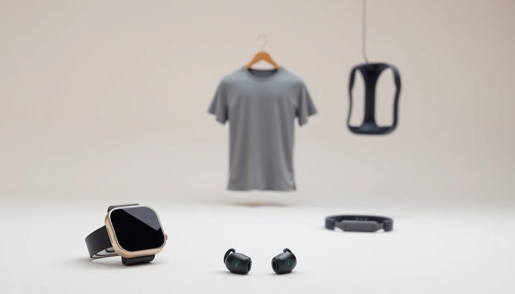 A minimalist, well-lit studio scene depicting various wearable technologies designed for sports and fitness. In the foreground, a sleek smartwatch and a pair of high-tech sports earbuds are showcased on a simple, uncluttered surface. In the middle ground, a lightweight, breathable athletic shirt with integrated sensors and a sturdy, adjustable fitness tracker strap are displayed. The background features a neutral, off-white backdrop, highlighting the modern, eco-friendly aesthetic of the products. The overall mood is one of clean, sustainable design and technological innovation aimed at enhancing sports and wellness.
