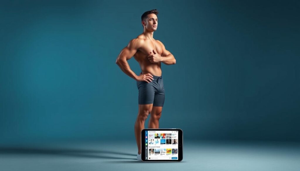 A professional athlete standing confidently in a sleek, minimalist studio setting, the backdrop a seamless gradient of cool blues and grays. The athlete's pose exudes a sense of poise and self-assurance, their gaze directed off-camera, as if engaging with an unseen audience. Subtle, high-key lighting accentuates the sculpted musculature and elegant lines of the athlete's form, creating a sense of power and dynamism. In the foreground, a smartphone or tablet device is positioned, its screen displaying various social media platforms, hinting at the athlete's savvy approach to personal branding and fan engagement in the digital age.