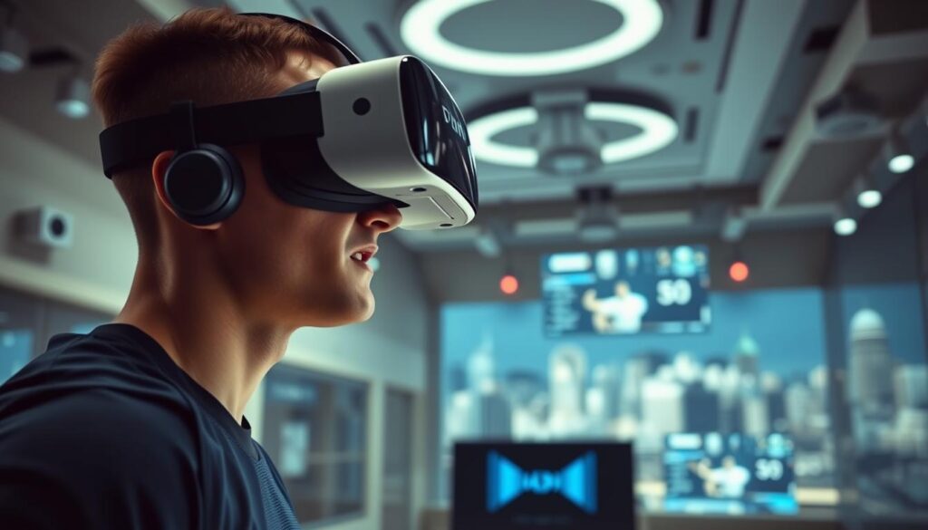 A professional athlete wearing a sleek virtual reality headset, immersed in a dynamic sports simulation. In the foreground, the athlete's intense expression conveys the realism of the training experience. The middle ground features a high-tech sports training facility, with advanced motion capture sensors and projection screens displaying real-time data analytics. The background is a futuristic cityscape, hinting at the integration of cutting-edge technology in modern sports. Soft, directional lighting and a subtle color palette create a sense of focus and intensity, capturing the essence of "Innovations in Video Technology" in the world of sports.