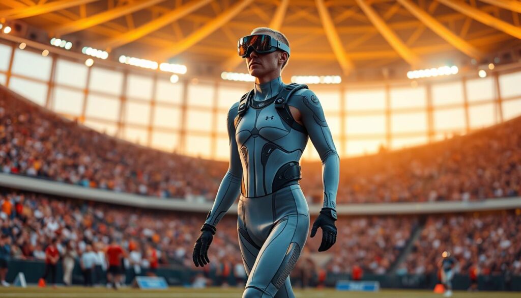 A sleek, futuristic athlete strides onto the field, their body adorned with state-of-the-art wearable tech. Sensors embedded in the skin-tight, graphene-infused bodysuit monitor their vital signs, movements, and environmental data, relaying it to a heads-up display on their augmented reality goggles. Miniature cameras and microphones capture every detail, while an exoskeleton frame provides enhanced strength and agility. In the background, a bustling sports arena is illuminated by a warm, sunset glow, the crowd captivated by the athlete's performance. The scene radiates a sense of innovation, athleticism, and the seamless integration of cutting-edge technology into the world of competitive sports.