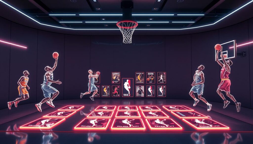 A sleek, futuristic digital display showcases a collection of iconic NBA Top Shot NFT moments. The foreground features several holographic basketball players in mid-dribble, dunk, and shot poses, their movements captured in vivid digital detail. The middle ground showcases a dynamic arrangement of glowing NFT tiles, each representing a coveted highlight from legendary NBA games. In the background, a sleek, minimalist environment with clean lines and a subtle neon glow creates a sense of technological sophistication, hinting at the convergence of sports, digital art, and the blockchain. The overall atmosphere conveys the excitement and innovation of the new era of digital sports collectibles.