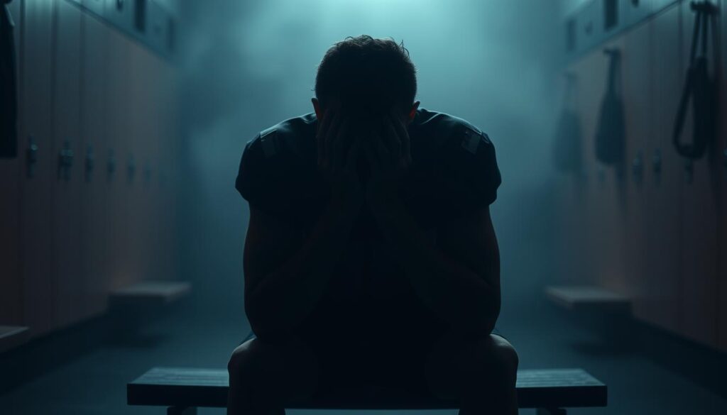 A solitary athlete, head in hands, sits on a bench amidst a dimly lit locker room. Shadows cast across their face, conveying a sense of burden and inner turmoil. The background is hazy, with muted tones and a somber atmosphere, emphasizing the mental health challenges this individual faces. The lighting is soft, creating a pensive, introspective mood. The camera angle is close, drawing the viewer into the athlete's emotional state, highlighting the weight of the pressures they carry. An aura of vulnerability and isolation permeates the scene, a potent commentary on the invisible battles fought by those in the public eye.
