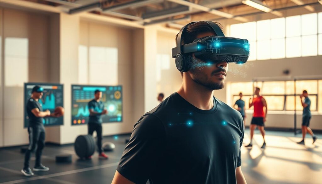 A state-of-the-art sports training facility, bathed in warm, natural lighting. In the foreground, an athlete dons a sleek augmented reality headset, their movements seamlessly tracked and overlaid with holographic data visualizations. The middle ground showcases a team of coaches analyzing real-time performance metrics on a large, interactive display, while in the background, other athletes engage in various training drills, their actions enhanced by dynamic AR overlays. The scene conveys a sense of technological integration, where the physical and digital worlds converge to elevate the athlete's experience and optimize their training.