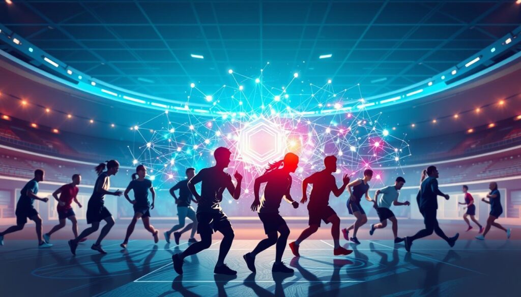 A visually striking scene of blockchain integration within the sports industry. In the foreground, a group of athletes engaged in various sports activities, their movements captured in dynamic, fluid brushstrokes. The middle ground features a vibrant, holographic blockchain network, its nodes and connections pulsing with energy. In the background, a sleek, modern sports arena with clean lines and a minimalist aesthetic, symbolizing the seamless integration of blockchain technology into the world of sports. The lighting is warm and ambient, creating a sense of collaboration and innovation. The overall composition conveys the power of blockchain to revolutionize sports partnerships, driving sustainability, transparency, and efficiency.
