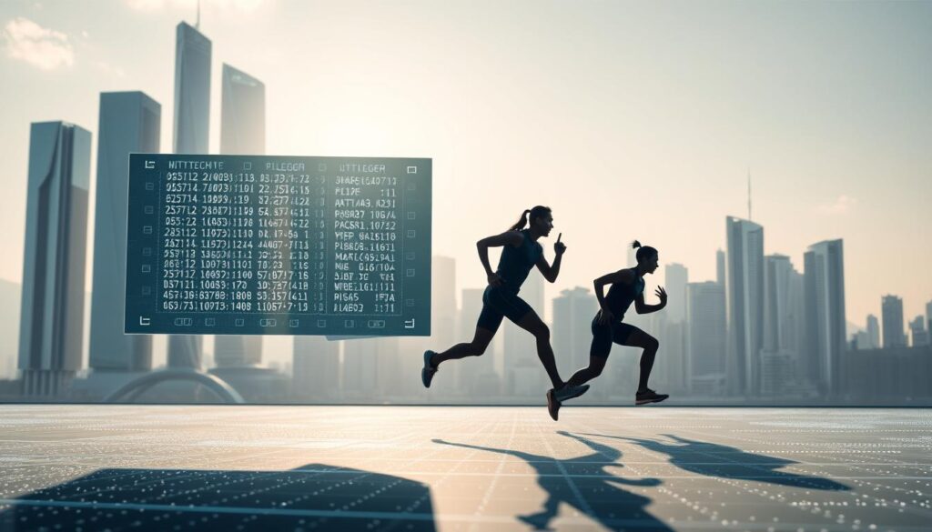 Sleek, futuristic cityscape with towering skyscrapers and gleaming glass facades. In the foreground, a digital ledger hovers, its blockchain data streams pulsing with energy. Overlaid on the cityscape, athlete silhouettes in mid-motion, their movements tracked and recorded on the blockchain. Soft, directional lighting casts dramatic shadows, creating a sense of technological prowess and athletic grace. The scene conveys the integration of blockchain technology into the world of sports, enabling secure, transparent record-keeping and fair play.