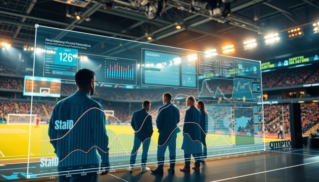 Sports Data Visualization A vivid, data-driven scene depicting the intersection of sports and technology. In the foreground, a dynamic 3D graph visualizes real-time player stats and game analytics, projected onto a sleek holographic display. In the middle ground, a team of data scientists and sports analysts collaborate, studying the data and dashboards with intense focus. The background features a futuristic sports arena, with advanced cameras, sensors, and spectator tracking systems capturing every movement on the field. Warm, directional lighting illuminates the scene, casting dramatic shadows and highlights. The mood is one of technological innovation, precision, and the pursuit of sports performance optimization.