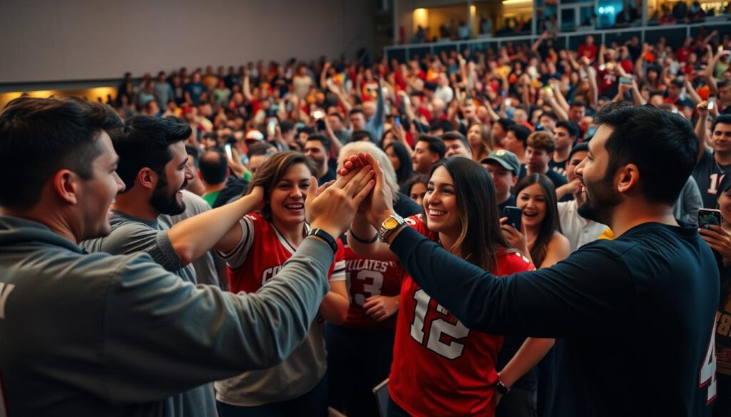 A bustling crowd of sports fans excitedly gather at a lively meetup, their camaraderie palpable. In the foreground, a group of friends high-five and exchange enthusiastic fist-bumps, bonding over their shared passion for the game. In the middle ground, fans in team jerseys and colors animatedly discuss the latest plays, their expressions animated and engaged. The background is filled with a sea of fans cheering, their faces lit by the glow of smartphone screens capturing memorable moments. Soft, warm lighting creates a cozy, welcoming atmosphere, conveying the sense of community and social connection.